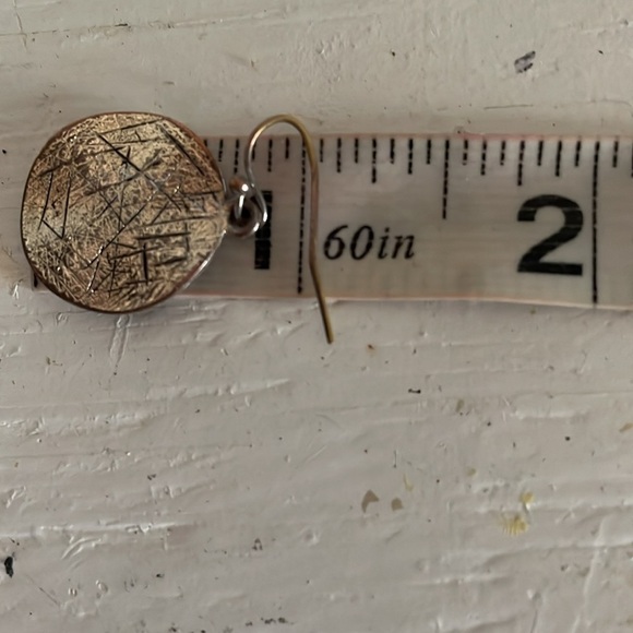 1” gold tone round textured medallion dangle earrings on hypoallergenic wires - Picture 12 of 13